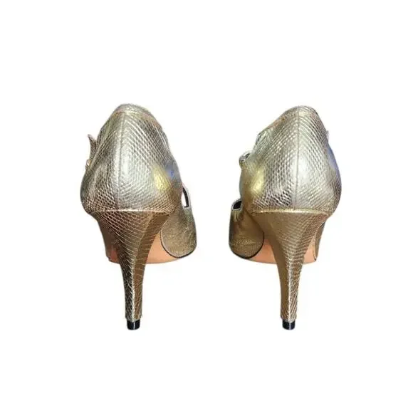 Vintage YSL Gold Metallic Python Embossed Leather Stiletto Mary Jane Pumps 7.5M - Picture 4 of 8